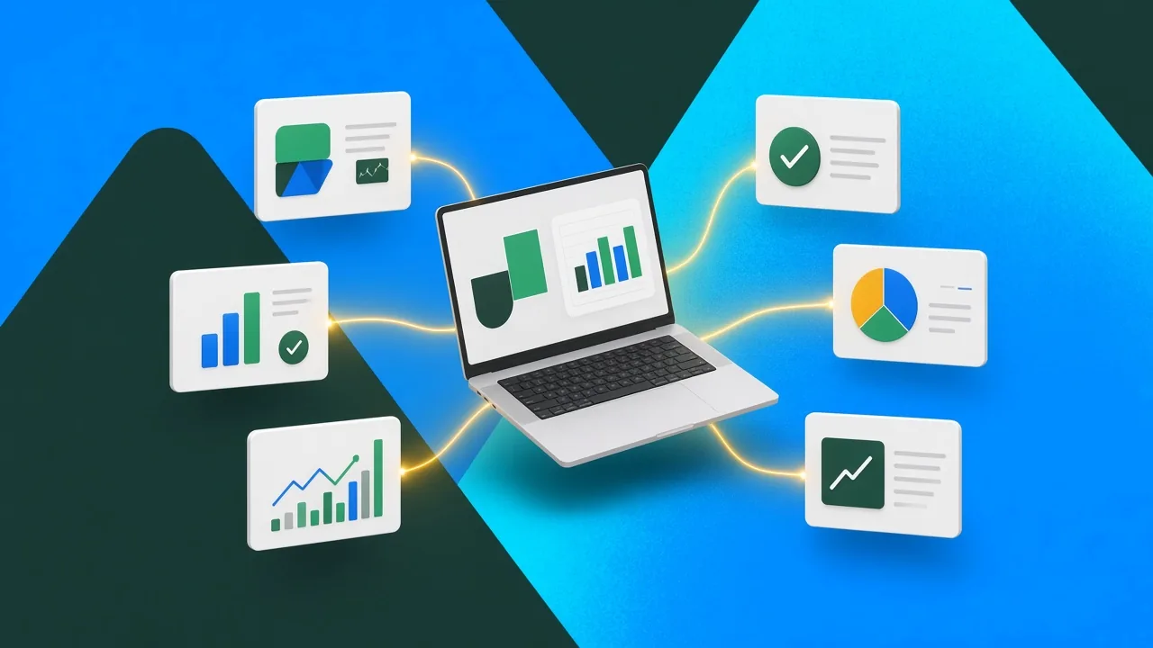 Laptop connected to abstract financial portal and performance cards