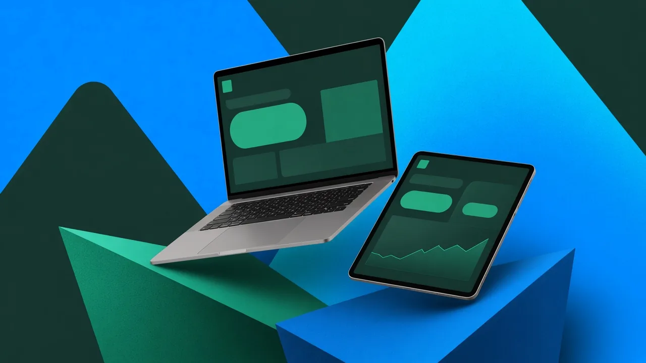 Laptop and tablet with abstract financial product interfaces on geometric blue and green shapes