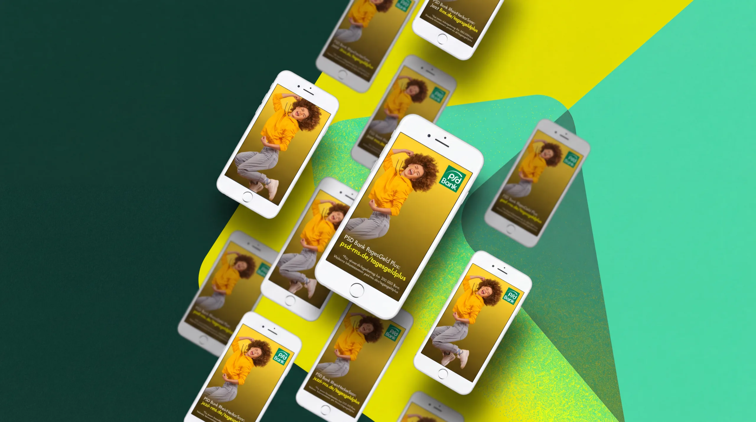 Several smartphones showing the yellow PSD Bank overnight deposit motif against geometric green and yellow shapes